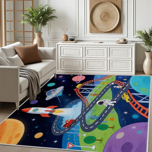 Dpvbffx Weltraum Astronaut Teppich 100x150 cm | Kurzflor Teppich Rakete Universum Planet, Waschbarer Weich Rutschfest Kinderzimmer Junge Cartoon Teppiche für Wohnzimmer