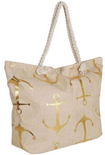Karma MTBAG111_05 Strandtasche Damen Beige Gold Muscheln od. Anker 59 cm Badetasche mit Reißverschluss Polyester Innentasche Tasche für Strand, Urlaub, Pool, See, Sommer, Freizeit, Shopper (Anker)