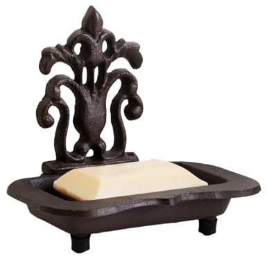 Ornate Cast Iron Soap Dish, Brown, Victorian Scroll Design, with Drainage Holes and Non-Slip Feet, 15x10x14cm