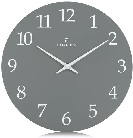 Lafocuse 30cm MDF Holz Wanduhr Grau Ohne Tickgeräusche, Modern Lautlos Wanduhr Batteriebetriebene, Klassische Einfach zu Lesen für Wohnzimmer Schlafzimmer Küche Büro