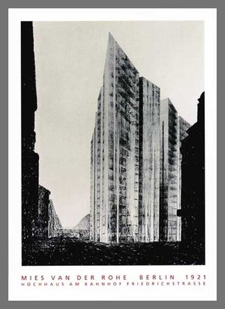 Germanposters Mies Van der Rohe Hochhaus Friedrichstrasse Poster Kunstdruck Bild im Alu Rahmen in Champagne 70x100cm