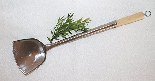 AAF Nommel®, Wok Spahtel Pfannenwender flach 005 Edelstahl mit Öse auch zum Aufhängen Größe L – 49 cm lang, Kelle 12 x 11 cm, mit Holzgriff, genietet