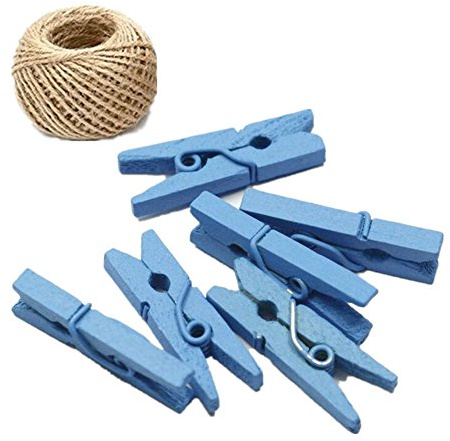 100 Colored Wooden Mini Pegs Clothespins Craft Photo Clips with 20 meters Jute Twine for Craft Rustic Decoration (Skyblue)