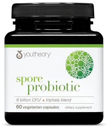Youtheory Spore Probiotic - Helps Gut Health* - 6 Billion CFU with Prebiotics - Supports Regular Bowel Movement & Diarrhea Relief* - Shelf Stable - 60 Vegetarian Capsules (30-Day Supply)