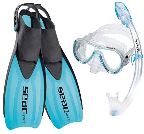 Seac Unisex-Adult Sprint Set mit riemenverstellbaren Flossen, Tauchmaske und Schnorchel mit Dry-Top, blau, 36/38