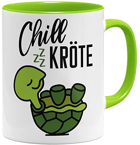 OM3® witzige Tasse mit Spruch - Faule Chill Kröte Schildkröte - Keramik Becher - 11oz 325ml - Beidseitig Bedruckt - Hellgrün