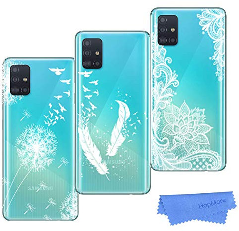 HopMore 3 Hüllen für Samsung Galaxy A51 Silikon Hülle Transparent Muster Schutzhülle Durchsichtig Handyhüllen Dünn Cover Silikonhülle Crystal Clear Slim Cases - Feder Löwenzahn Blume