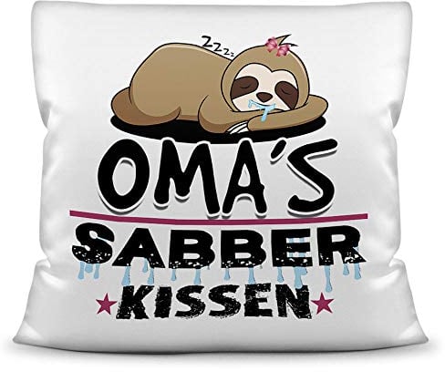 PR Print Royal Kuschel-Kissen inkl. Füllung mit Spruch für Oma - Omas Sabber-Kissen - Witziges Muttertagsgeschenk/Geschenk-Idee für Mütter/Muttertag Geburtstag - Kissen Weiß