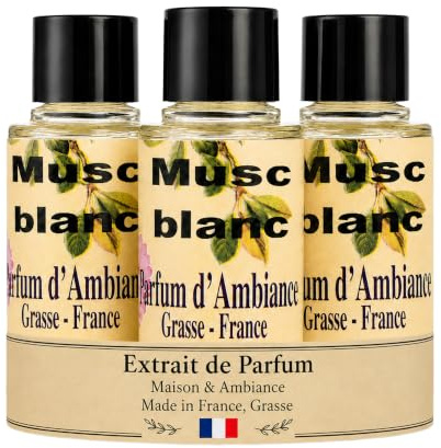 Lot de 3 - Extrait de Parfum d'Ambiance Musc Blanc - Made in France Grasse - Diffuseur Maison Senteur Musc Blanc - 15ml