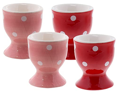 Egg Cup Cute Ceramic Soft-Boiled Egg Holder Polka Dot - Set of 4 (Pink Red)
