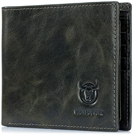BULLCAPTAIN RFID-Brieftaschen für Herren, schmal, faltbar, echtes Leder, Vordertasche, Geldbörse mit 2 Ausweisfenstern QB-05, Grün (Forest Green), Small, Retro