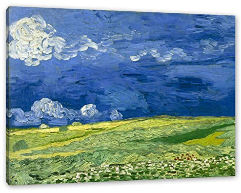 Vincent Van Gogh - Weizenfeld unter Gewitterwolken als Leinwandbild / Größe: 100x70 cm / Wandbild / Kunstdruck / fertig bespannt, Weiß
