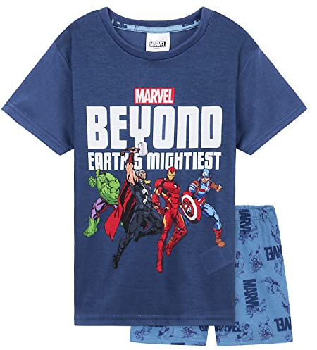 Marvel Boys Pyjamas 2 Piece Summer Nightwear Set Short PJs Captain America Spiderman Breathable Lounge Wear Gifts for Boys (Blue Avengers, 13-14 Years)