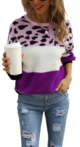 HEYPORK Damen Herbst Winter Warm Bequem Pullover Casual Mode Strickjacke Strickpullover Frauen Winter Patchwork Leopard Druck Rundhals Pullover Pullover Stricken(Lila, XL)