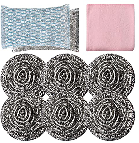 6 esponjas de acero inoxidable, 2 esponjas de limpieza resistentes, 1 toalla de limpieza de platos para cocina, baño y más