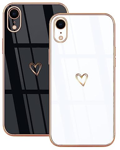 Lonrapa 2 Stück iPhone XR Handyhülle Süße Gold Herz Muster Motiv Hülle für Mädchen Frauen Galvanisierte Weich TPU Silikon Kameraschutz Stoßfest Bumper Schutzhülle iPhone Xr Case Cover - Schwarz & Weiß