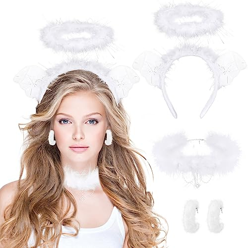 HOWAF Engel Kostüm Damen Weiß, Engel Haarreif Halloween Haarreif Engelsflügel Heiligenschein Halloween Kopfschmuck Halloween Halskette Engel Ohrringe für Halloween Kostüm Karneval Fasching Kostüm