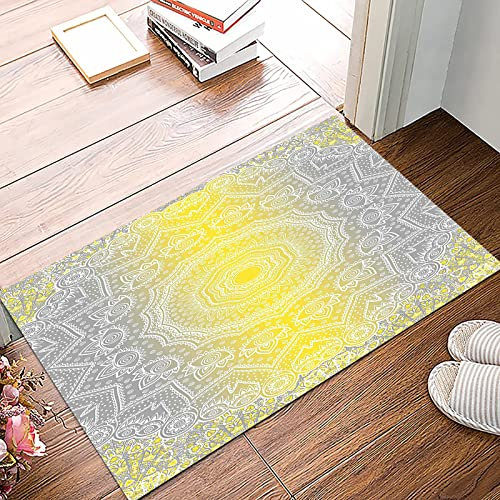 Badematte 50x80cm, Rutschfeste Badteppich, Grau und Gelb, Mandala Old Boho Muster mit gewundenem rundem Blumendruck, Mehr,Mikrofaser Badvorleger mit, Wasserabsorbierende Weiche teppiche für Badezimmer
