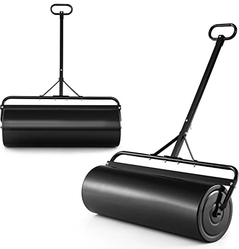 Goplus Lawn Roller, Push/Tow-Behind Lawn Roller, 17 Gallon/63L Water/Sand-Filled Sod Roller, Detachable Gripping Handle, Sod Drum Roller Tow Behind a Tractor for Yard Park Farm Black 12 by 36-Inch