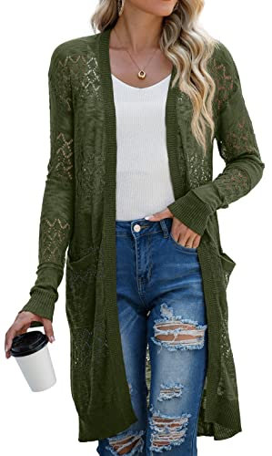 GRECERELLE Womens Summer Beach Cover Up Casual Swimwear Cardigan Long Sleeve Holiday Loose Long Bikini Coverups Kimono for Ladies (Army Green, L)