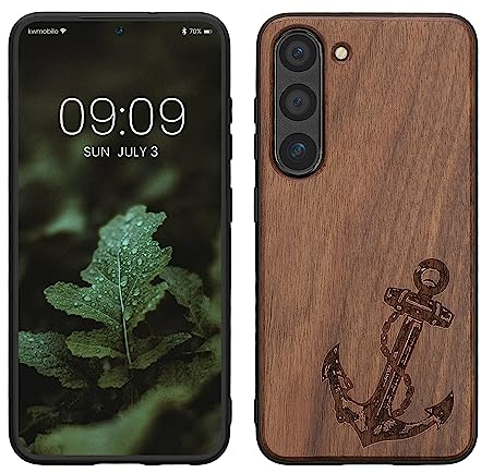 kwmobile Hülle kompatibel mit Samsung Galaxy S23 Hülle - Holz Case - Handy Cover - TPU Handyhülle in Dunkelbraun Anker Vintage