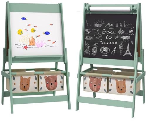AIYAPLAY Caballete para Niños 3 en 1 Caballete Infantil de Doble Cara Caballete de Arte con Rollo de Papel Pizarras y 2 Cestas de Almacenamiento 54x46,5x93 cm Verde