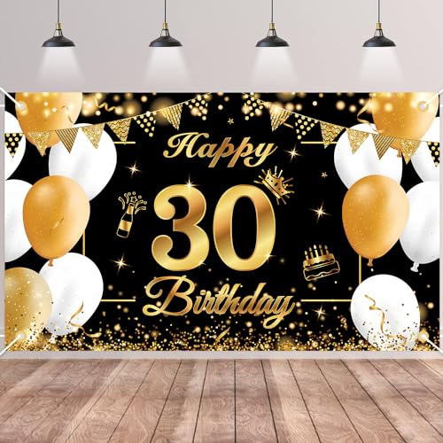 30. Geburtstag Banner Schwarz Gold, Bliceon Banner zum 30. Geburtstag für Männer und Frauen, Deko 30 Geburtstag Hintergrund Banner für 30. Party Geburtstagsdeko