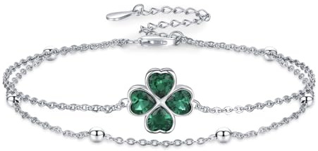 Midir&Etain Vierblättriges Kleeblatt Armband 925 Sterling Silber Grüne St Patricks Day Armband Viel Glück Kleeblatt Schmuck Geschenke für Männer Frauen