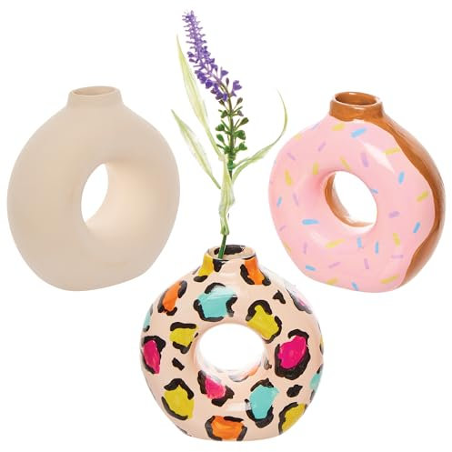 Baker Ross FX702 Ceramic Donut Vases - Pack of 3, Ceramic Craft Blanks to Decorate