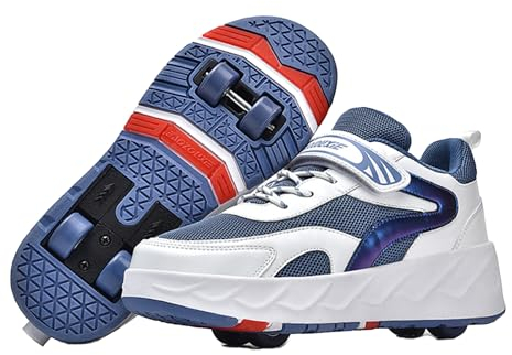 Mateju Schuhe mit Rollen für Jungen Mädchen, Kinder Rollschuhe Schuhe mit 4 Rollen,Turnschuhe Versenkbarer, 2-in-1 Roller Schuhe Turnschuhe Skateboardschuhe 43 EU Blau