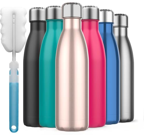 Insulated Water Bottle, Insulated Water Bottle Double Wall Vacuum Stainless Steel Bottle Leak Proof Keeps Hot with a Cleaning Brush -500ml Stainless Steel Vacuum Bottle (Gold)