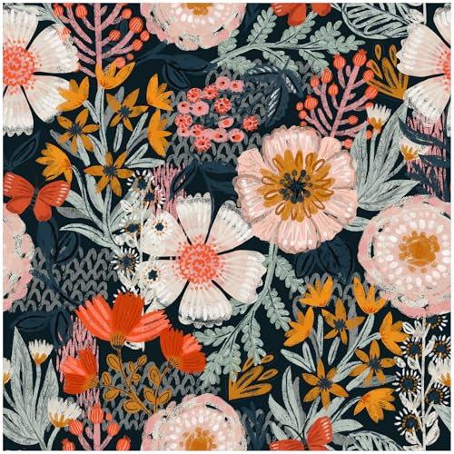 HAOKHOME Boho Self Adhesive Wallpaper Floral Wall Paper Removable for Bedroom Navy/Pink/Orange Contact Paper 3m x 44.5cm