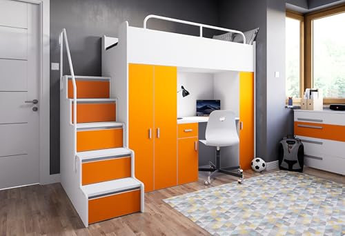 Marlux-Meble Hochbett Kinderbett JSM-5 80x190 mit Kleiderschrank Schreibtisch und Treppe Matt Etagenbett Stockbett Jugendhochbett (Orange)
