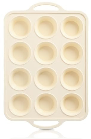 Foepoge Regular Silicone Muffin Trays 12 Cup with Metal Frame, Non Stick Silicone Cupcake Tray with Handle, Muffin Moulds for Baking, Yorkshire Pudding Tray, Cupcake Tin, Beige