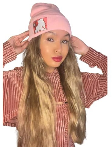 Kawaii Beanie Strickmützen Herbst Winter Outdoor Cap für Frauen Mädchen Unisex Anime Niedlich Bunny Hund Katze, Pink Kitty, 8-18 Years