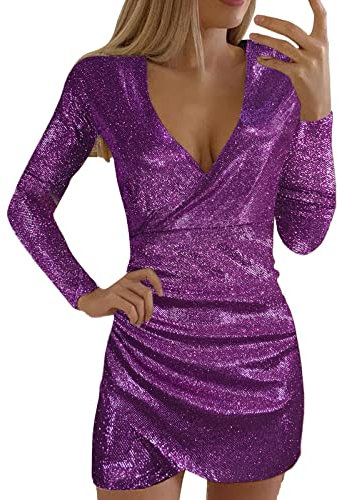 Abito da cocktail da donna, corto, con brillantini, elegante, a maniche lunghe, con scollo a V, abito da cocktail, per feste, da sera, da ballo, Lilla, S