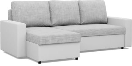 Mebligo - Luna Ecksofa, Schlafsofa mit Liegefunktion 140x231 nach Links oder rechts - 2 Container - Bonellfedern - grau und weiß.