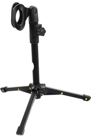 Black Metal Tripod Desktop Mic Stand Foldable Adjustable Height | Microphone Clip Included, Stable Three-legged Build, Easy to Carry and Store for Live Streaming