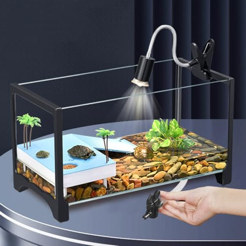 HDaspijh Aquarium pour Tortues, Kit De RéServoir pour Tortues avec Plate-Forme d'escalade, Lampe De Bronzage, Filtre Et Plantes, Changement d'eau Facile Et Nettoyage,40x15.5x25cm
