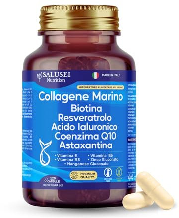 Integratore per Capelli Pelle e Unghie con Collagene Marino Idrolizzato e Biotina 450mg Antinvecchiamento con Antiossidanti Astaxantina Resveratrolo, Acido Ialuronico Coenzima Q10 | SALUSEI Nutrition