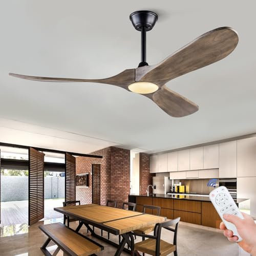 BOJUE Ventilador de Techo de 132 cm con Luz LED Regulable y Control Remoto, Aspas de Madera para Interior/Exterior, 3 Hojas, 6 Velocidades Silencioso, para Sala, Dormitorio, Patio