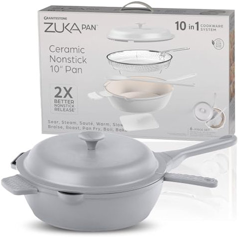 ZUKA 10 in 1 Ceramic Pan by Granitestone, Large 10 Inch Saute Pan with Lid Serves as Deep Frying Pan Set with Steamer, Everyday Skillet, Non Toxic Ceramic Nonstick, Induction Oven & Dishwasher Safe