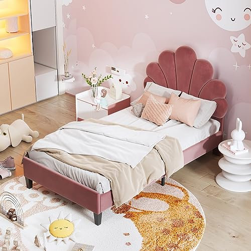 LIVLUX Lit rembourré 90 x 200 cm,lit Enfant avec tête de lit Design pétales et sommier à Lattes, idéal pour Enfants et Adolescents. (Rouge)