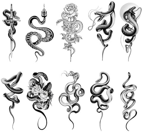 10 Feuilles Tatouage Temporaire Hommes Faux Corps Bras Poitrine épaule Tatouage Imperméables Type de serpent Tattoo Temporaire pour Hommes/Femmes/Filles/Enfants Hallowee (Noir)