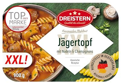 DREISTERN Jägertopf mit Nudeln & Champignons 900g I Herzhaftes Fertiggericht in Mikrowellenschale I Lange Haltbarkeit dank natürlicher Konservierung I Hausmacher Qualität