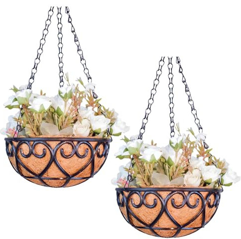 Paquete de 2 cestas colgantes con forro de coco y cadena, macetas colgantes para jardín, porche, balcón, patio, decoración de flores (20 cm)