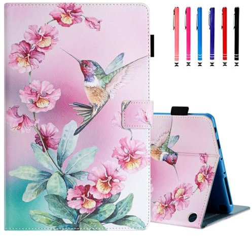 MOKASE for Fire HD 10 Tablet Case (2021 Release 11th Generation) & Fire HD 10 Plus Tablet Case, Smart Auto Wake Sleep Folio Case Stand Protective Cover with Card Slot, Pink Hummingbird