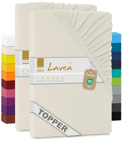 Lavea® 2er Pack Topper Spannbettlaken 180/200x200cm – Creme Naturweiß | 100% Baumwolle Jersey – Für Topper bis 10 cm Höhe – Weich, Formstabil und Langlebig