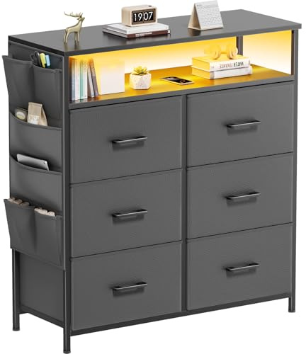 HLONONE Kommode mit Schubladen, Komodenschrank mit LED, 6 Großen Schubladen aus Stoff mit Griffen, Schubladenschrank mit Stabiler Metallrahmen für Schlafzimmer, Wohnzimmer und Flur, Grau