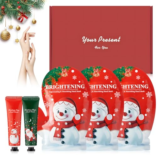3 Pièces Masque Main + 2 Pièces Creme Main Noel, Coffret Main Femme, Masques Hydratants et Exfoliants pour les Mains, Creme Mains Reparatrice Intense, Nourrit Et Hydrate, Prend Soin De Vos Mains